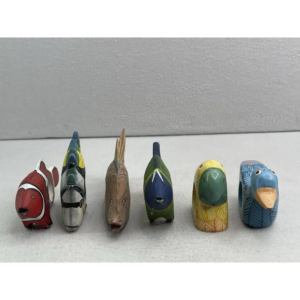 Hand Carved Wood Napkin Rings Set Fish Bird Folk Art Boho Table Decor
